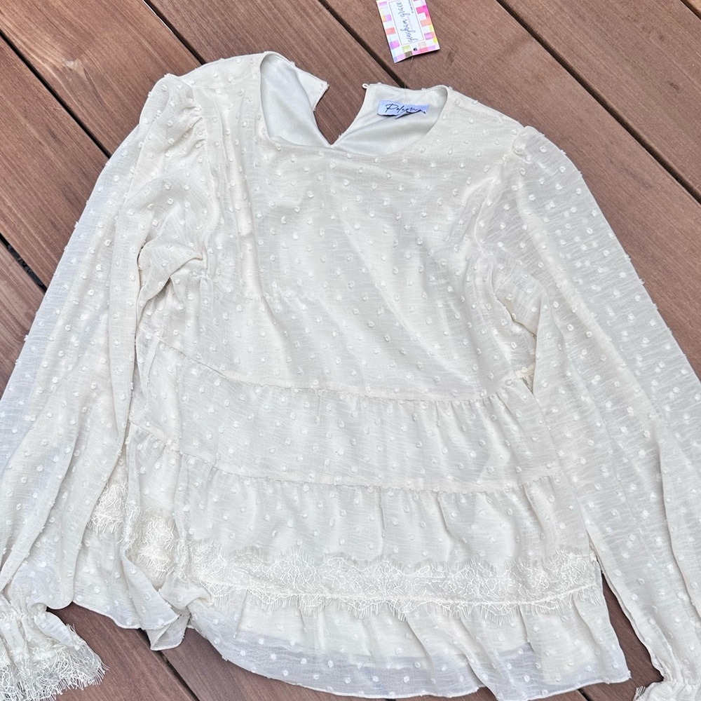 Cream Swiss dot blouse with lace detail.  Size medium. NWT